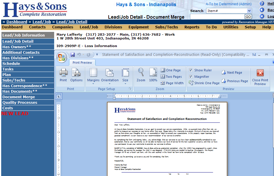 Restoration Manager.NET Screenshot showing a letter created with Aspose.Words for .NET: