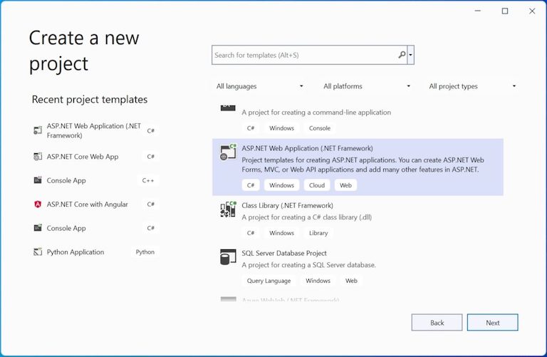 Select the project template.