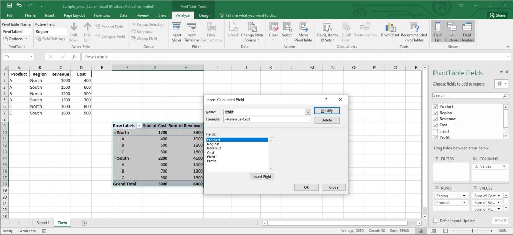 Přidání vypočítaného pole v kontingenční tabulce Excel