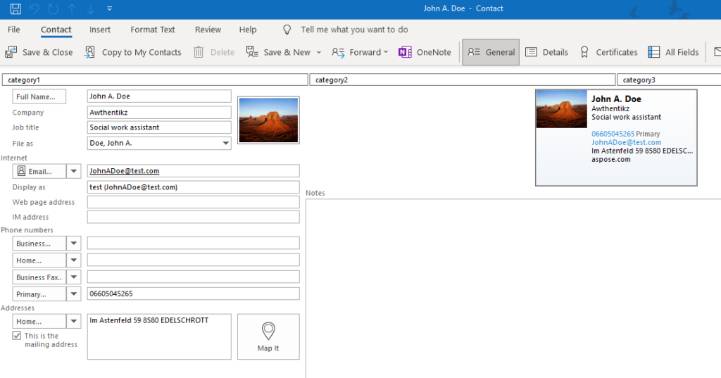 Contact generated by the sample code