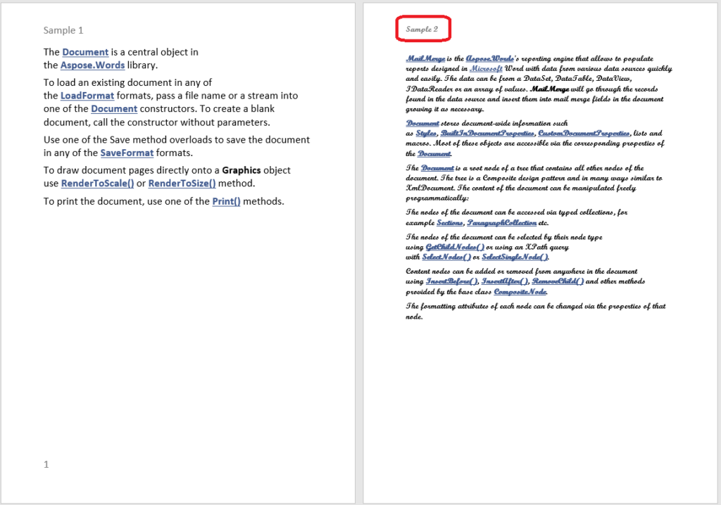 Documento combinado de Word generado al establecer la opción IgnoreHeaderFooter en falso