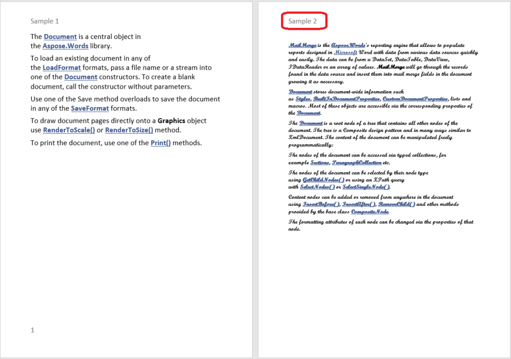 Documento combinado de Word generado al establecer la opción IgnoreHeaderFooter en verdadero