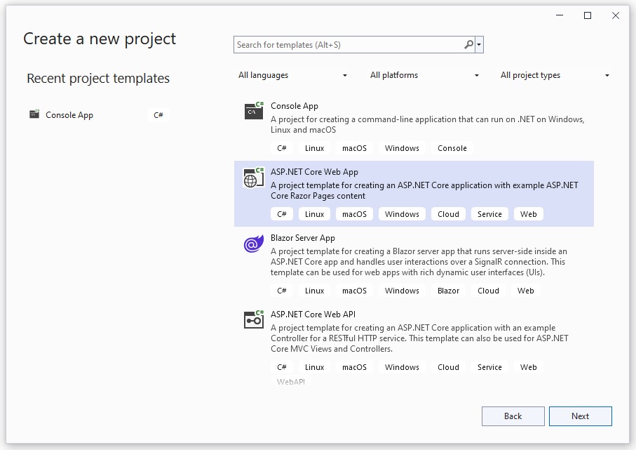 Select the project template.