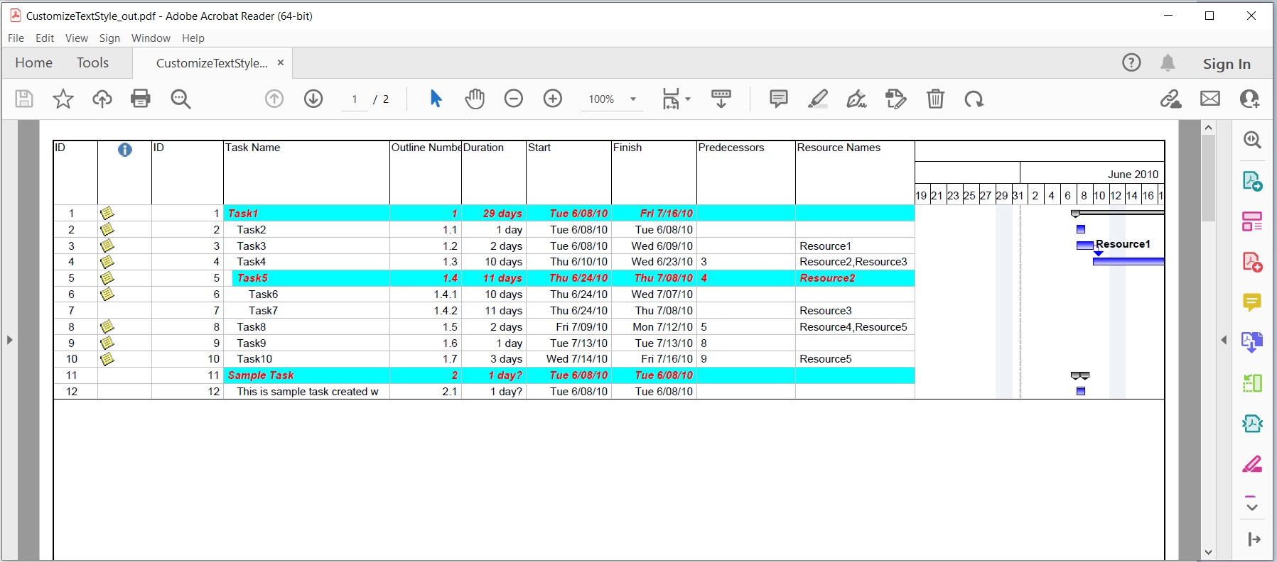 התאם אישית את סגנון הטקסט והמר את MS Project ל-PDF ב-C#