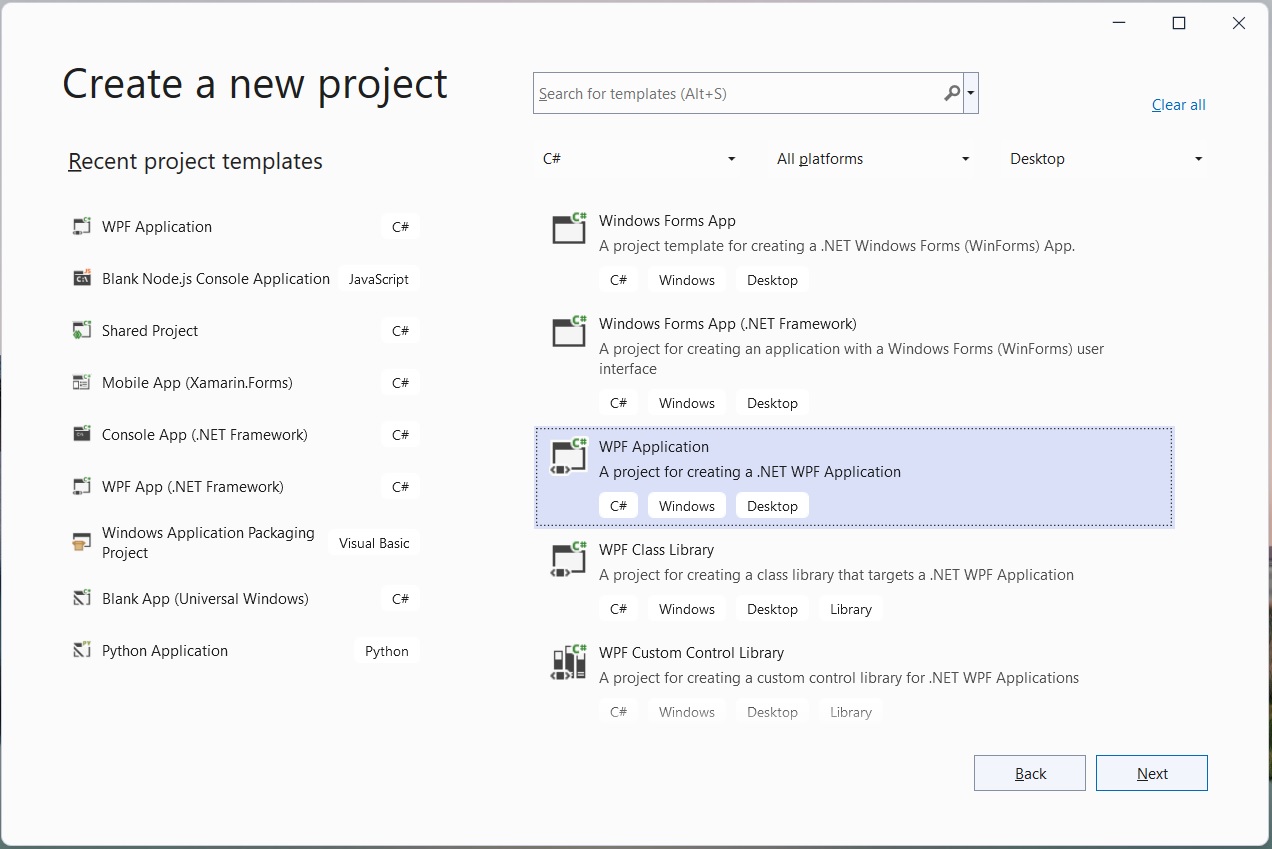 Select the project template.