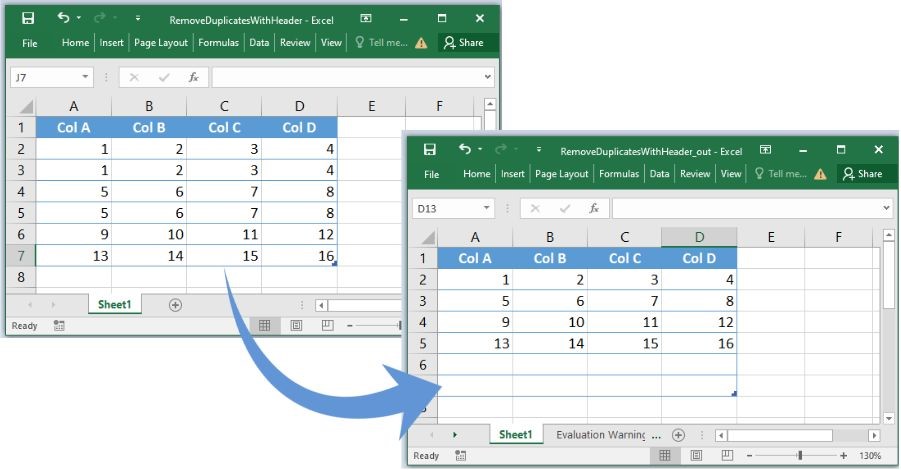 特定の列に基づいて重複行を削除する(ヘッダー付き)