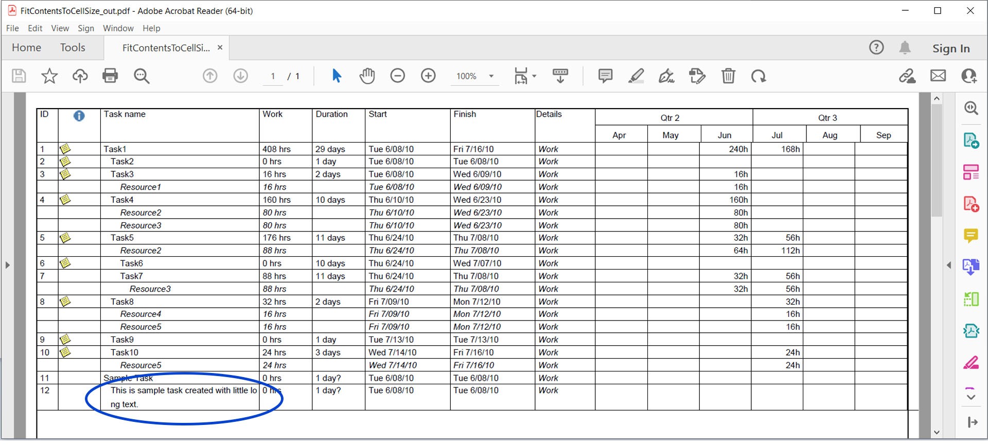 C# でコンテンツをセルに合わせて MS Project を PDF に変換する