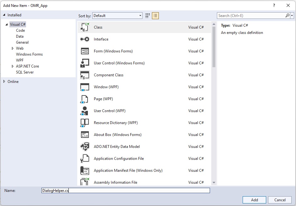 Adicionar classe DialogHelper
