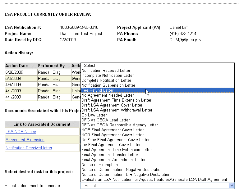 Dropdown showing document listing