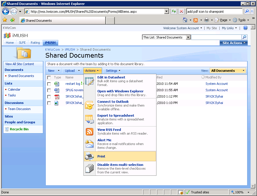 Document library print menu