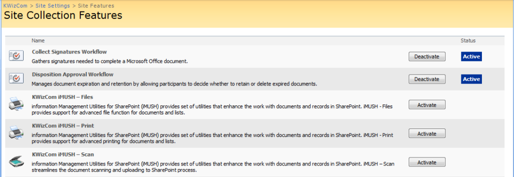 KWizCom iMUSH SharePoint Features preview