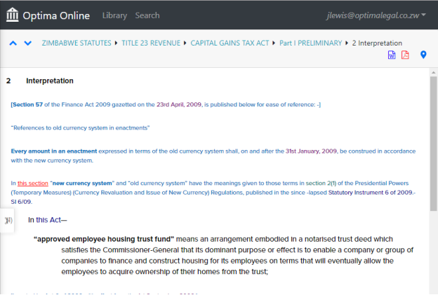 Figure 1:- Optima Legal Online with the export to DOCX and PDF links top right. The users are presented with a link to open the prepared document.