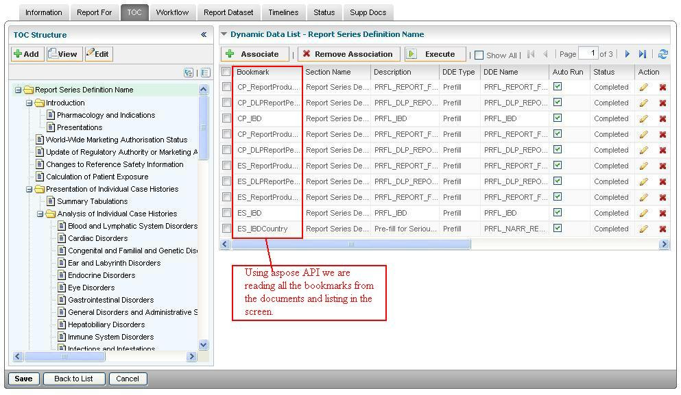 The output of bookmarks read from a section &amp; displaying.