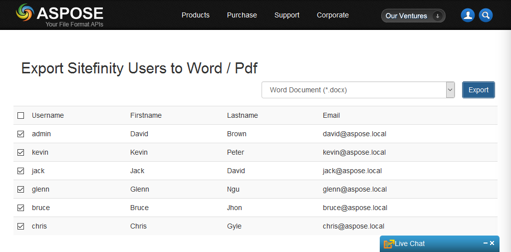 Export User to Word, PDF, CSV
