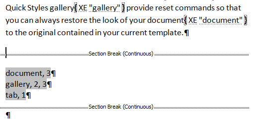 An index field in a Microsoft Word document